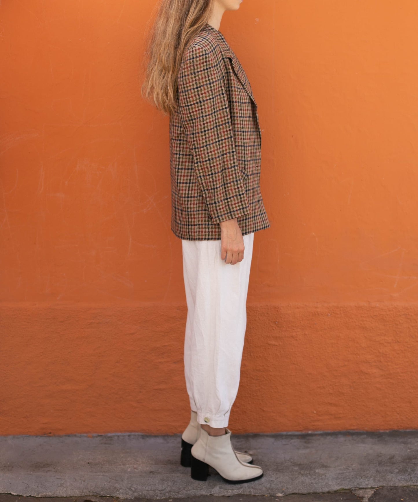 Plaid Wool Vintage Women's Blazer — fabric close-up