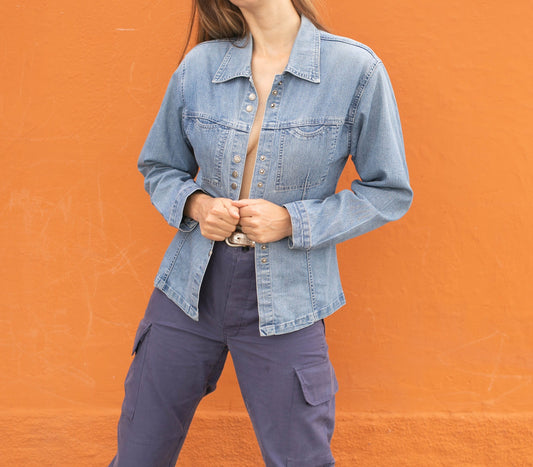 Y2k denim on denim blouse, 80s Vintage jeans shirt, 90s aesthetic, M