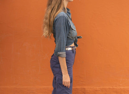 Denim Blue Vintage Button-Up Shirt — fabric close-up