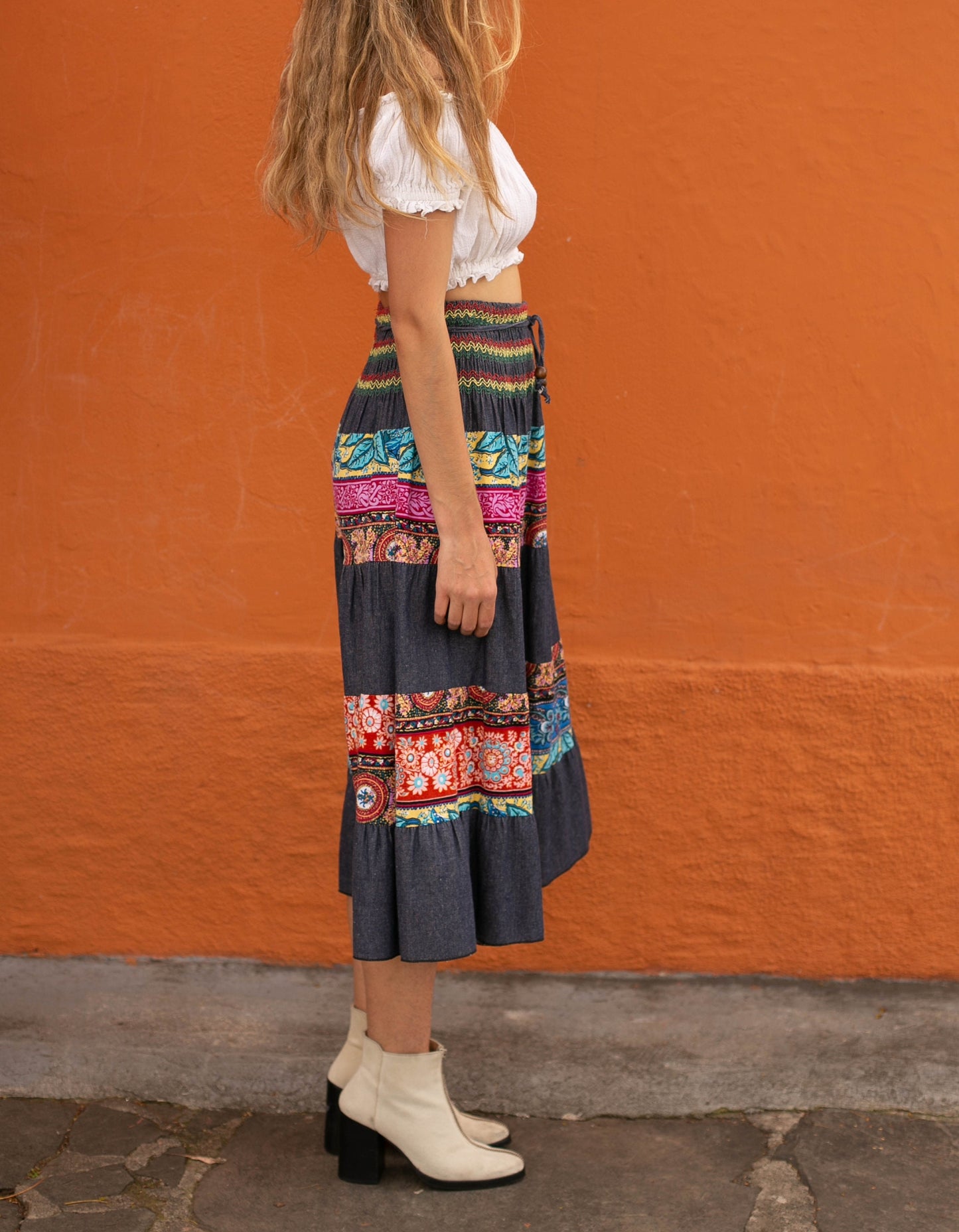 Vintage floral long skirt, Handmade patchwork skirt, Retro maxi skirt, Denim Ibiza style outfit, High waist hippie skirt