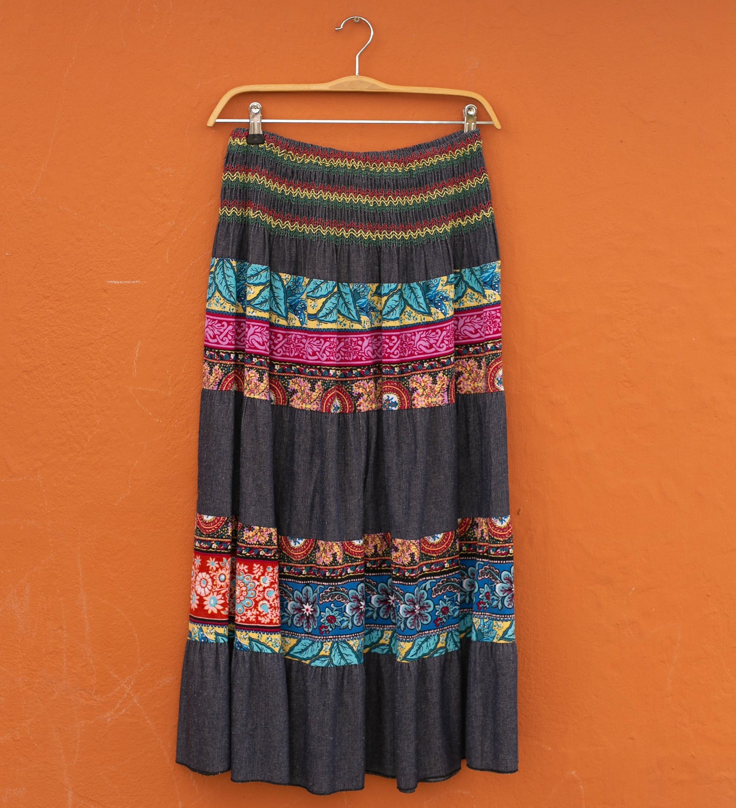 Vintage floral long skirt, Handmade patchwork skirt, Retro maxi skirt, Denim Ibiza style outfit, High waist hippie skirt