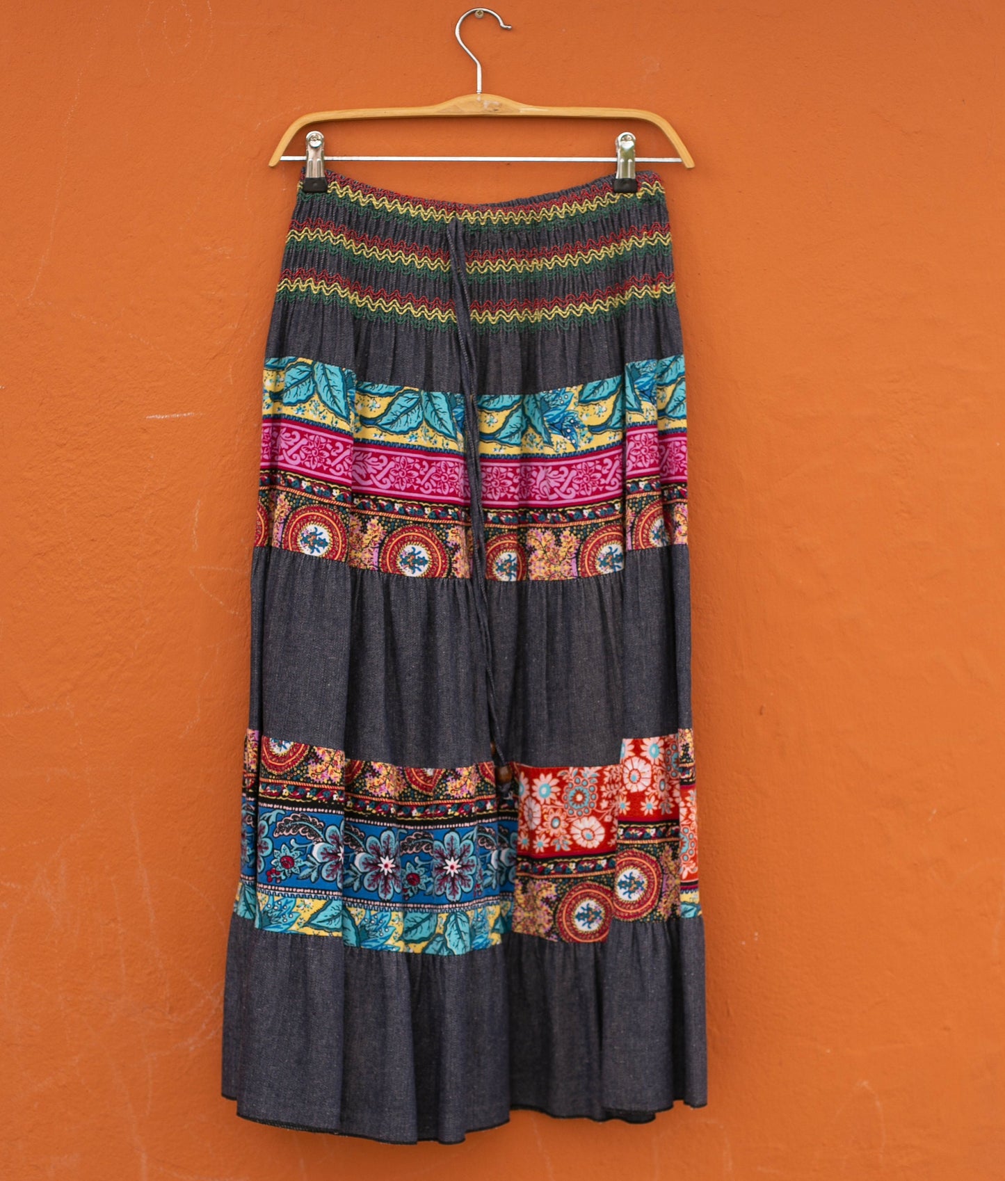 Vintage floral long skirt, Handmade patchwork skirt, Retro maxi skirt, Denim Ibiza style outfit, High waist hippie skirt