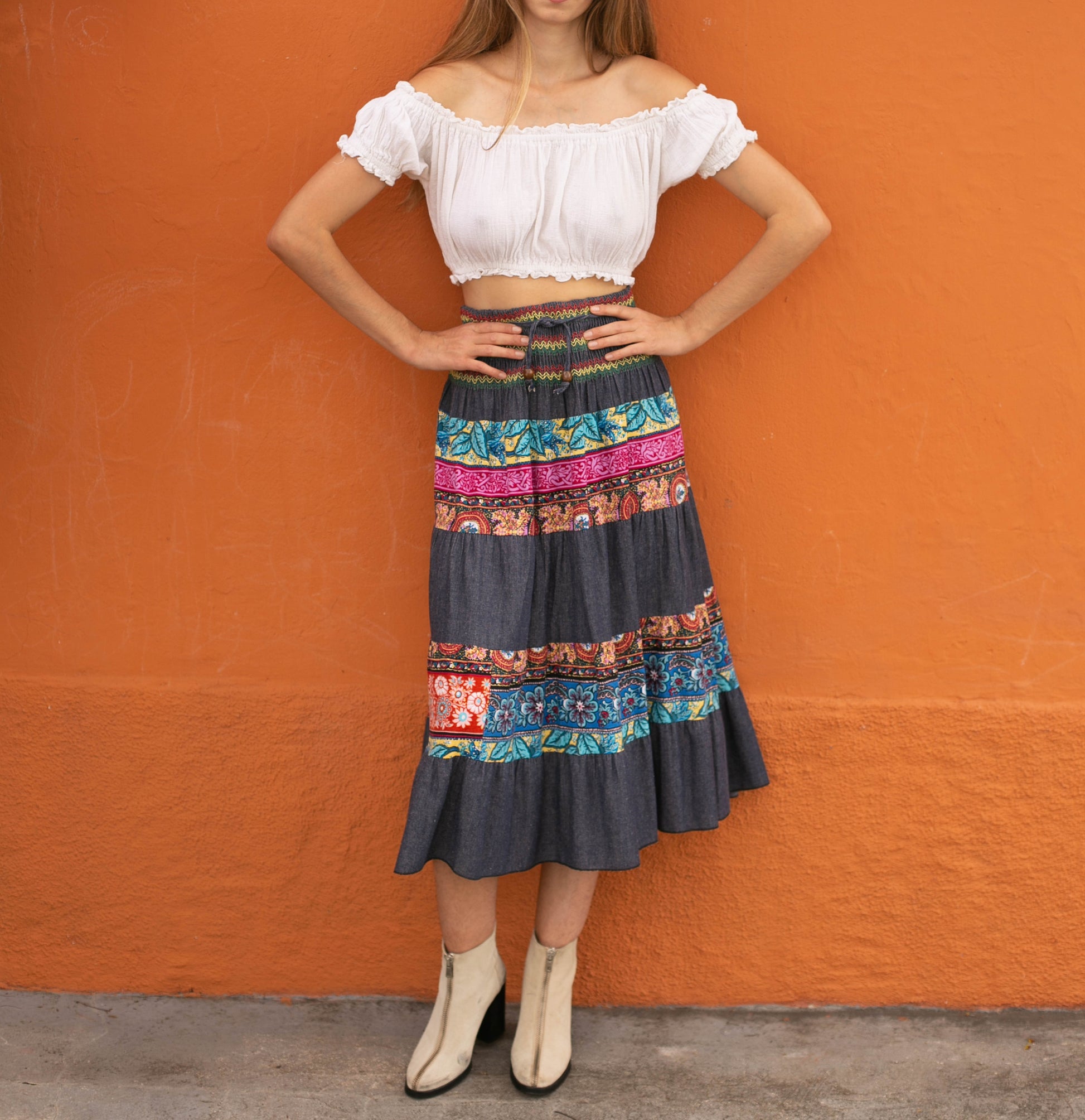 Vintage floral long skirt, Handmade patchwork skirt, Retro maxi skirt, Denim Ibiza style outfit, High waist hippie skirt