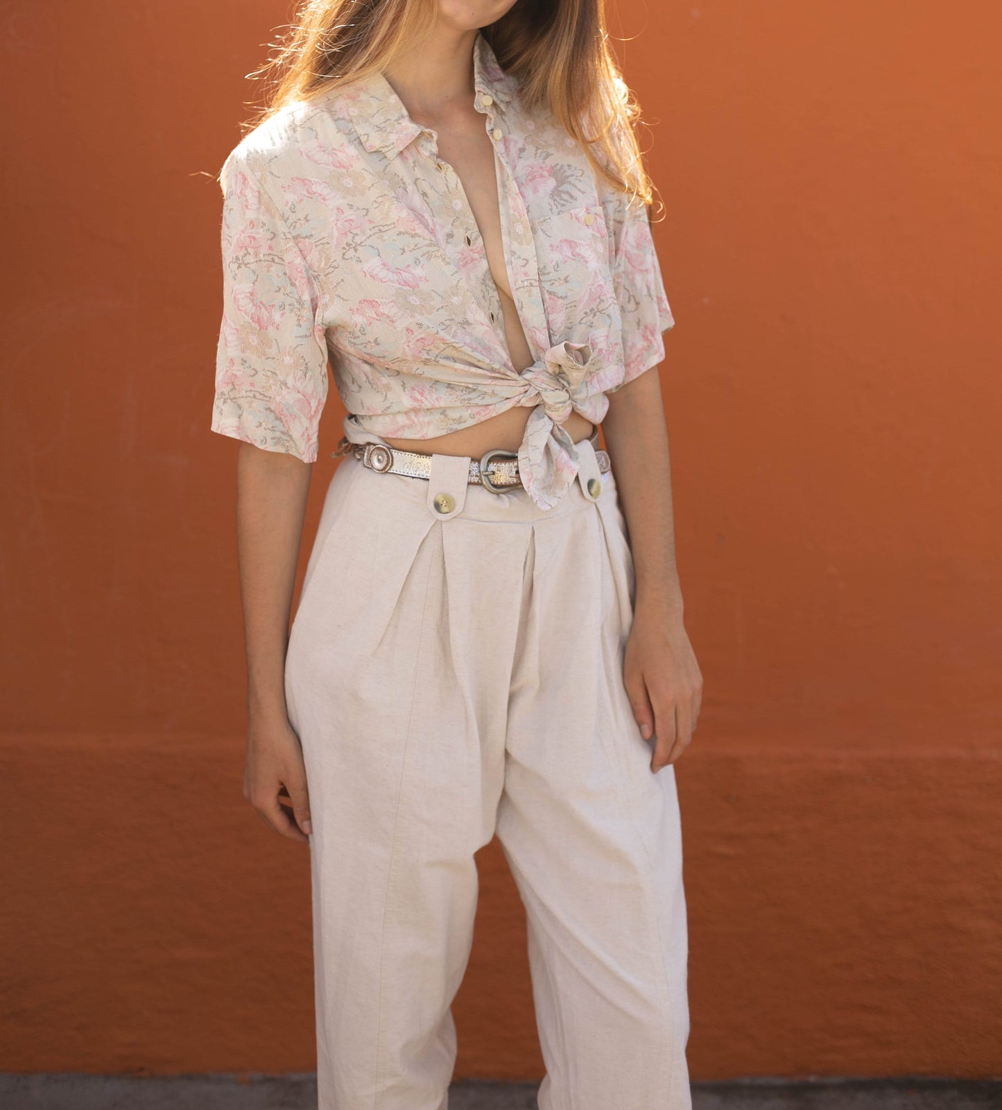 Vintage button up shirt, Oversized eggshell retro blouse, unisex M