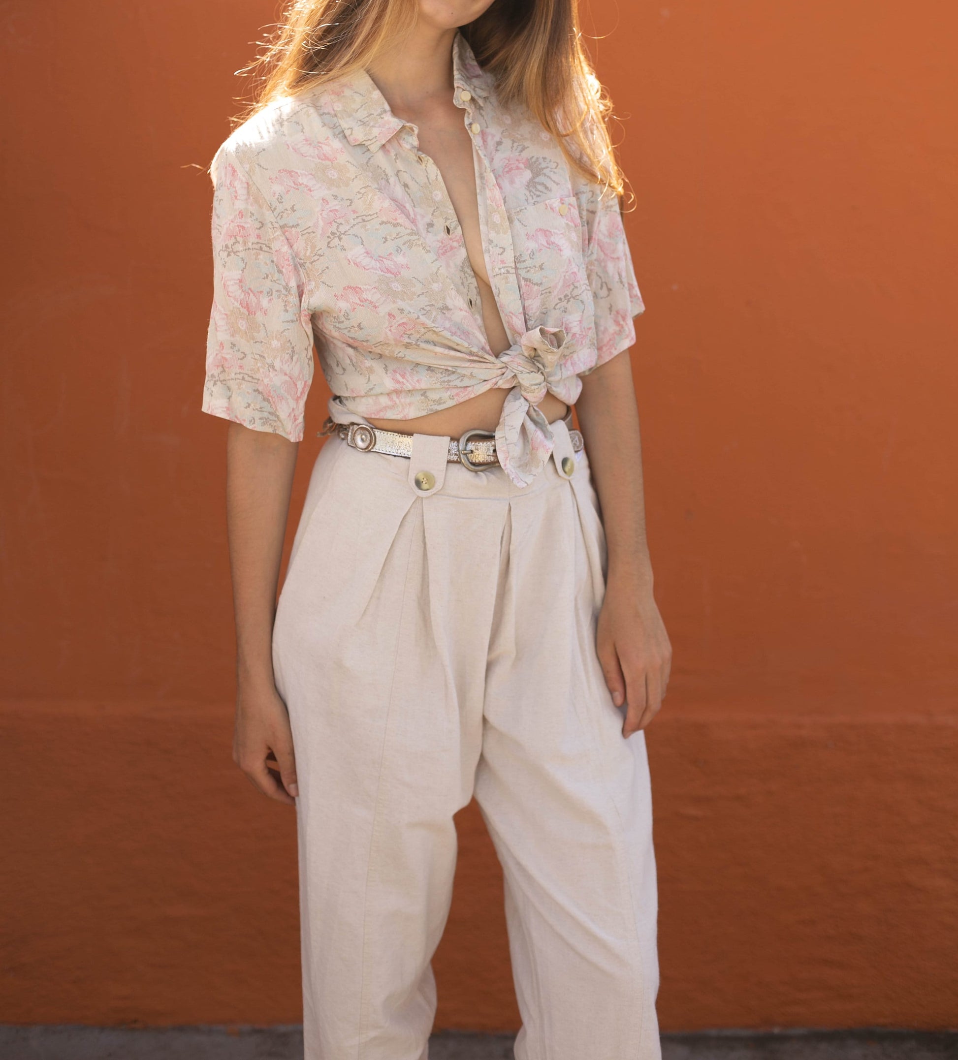 Vintage button up shirt, Oversized eggshell retro blouse, unisex M