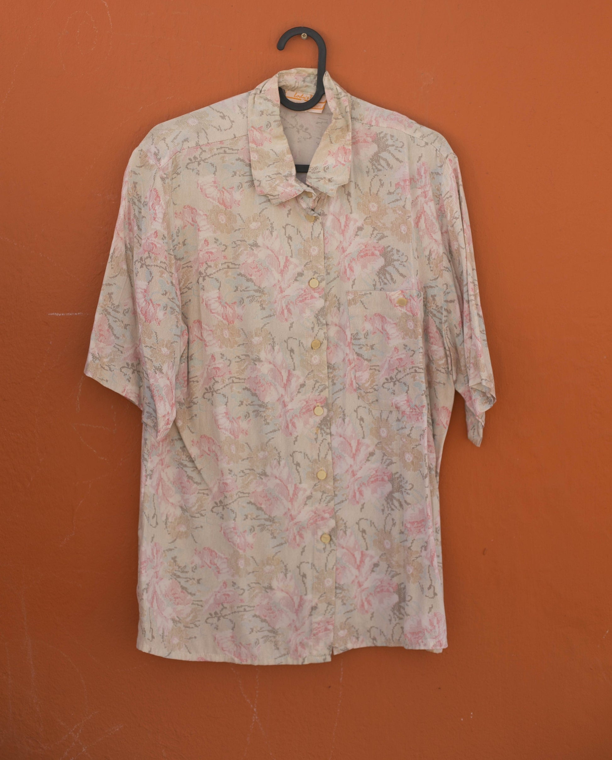 Vintage button up shirt, Oversized eggshell retro blouse, Viscose shirt art print pattern short sleeve button up women men unisex M