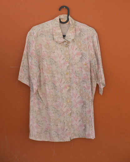 Vintage button up shirt, Oversized eggshell retro blouse, unisex M