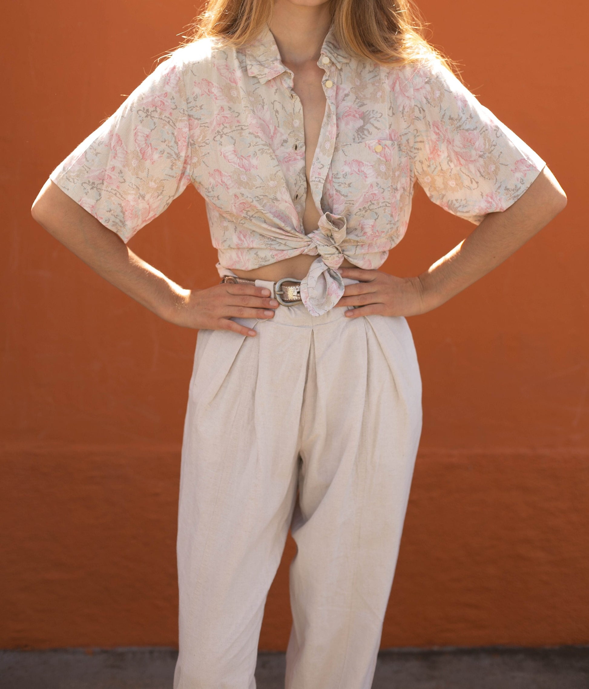 Vintage button up shirt, Oversized eggshell retro blouse, Viscose shirt art print pattern short sleeve button up women men unisex M