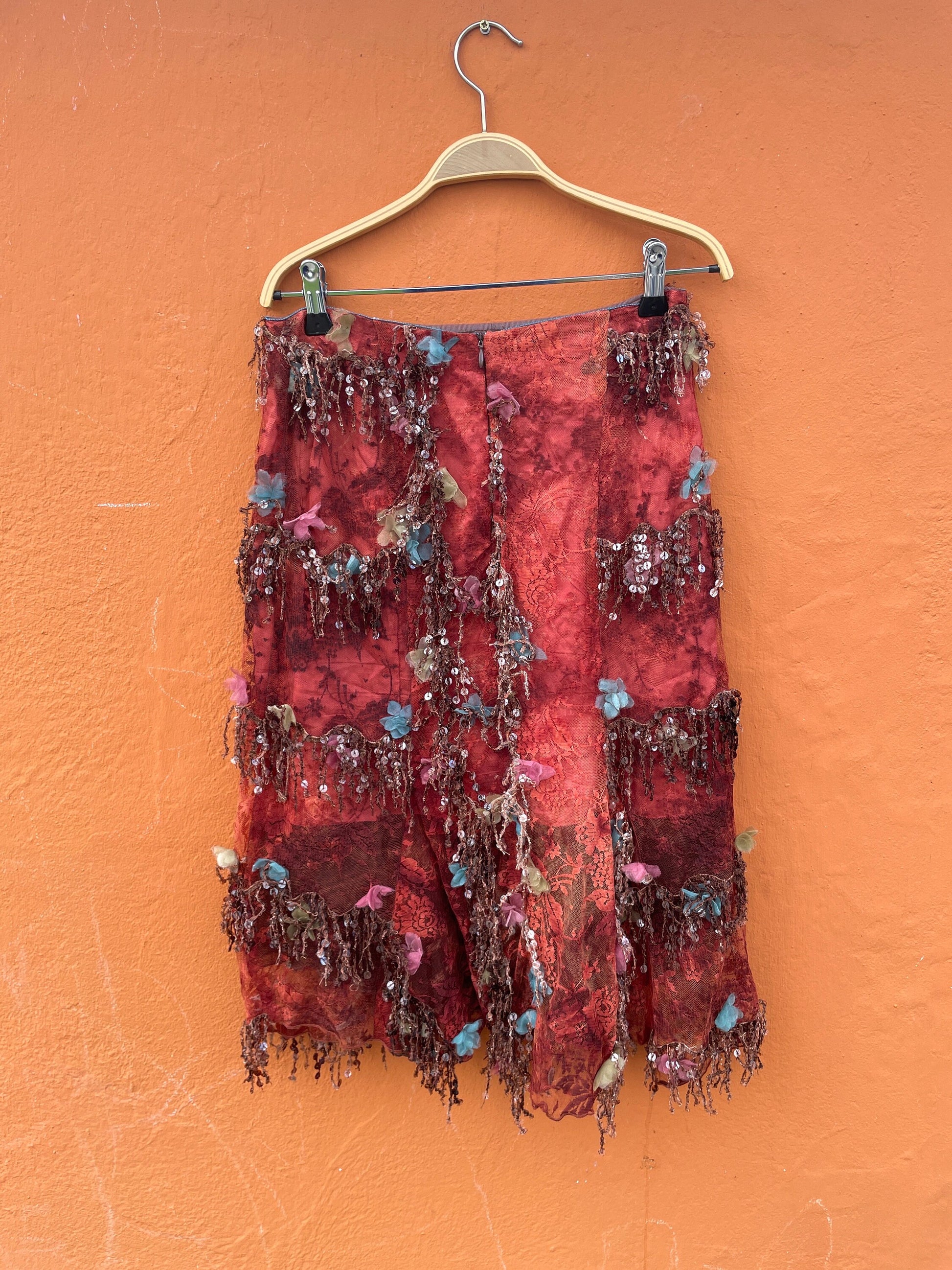 Vintage Charo Azcona Wine Red High-Waist Skirt with Lace and Sequin Embellishments, Formal event Spanish designer skirt