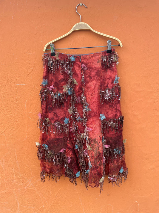 Vintage Charo Azcona Wine Red High-Waist Skirt with Lace and Sequin Embellishments, Formal event Spanish designer skirt