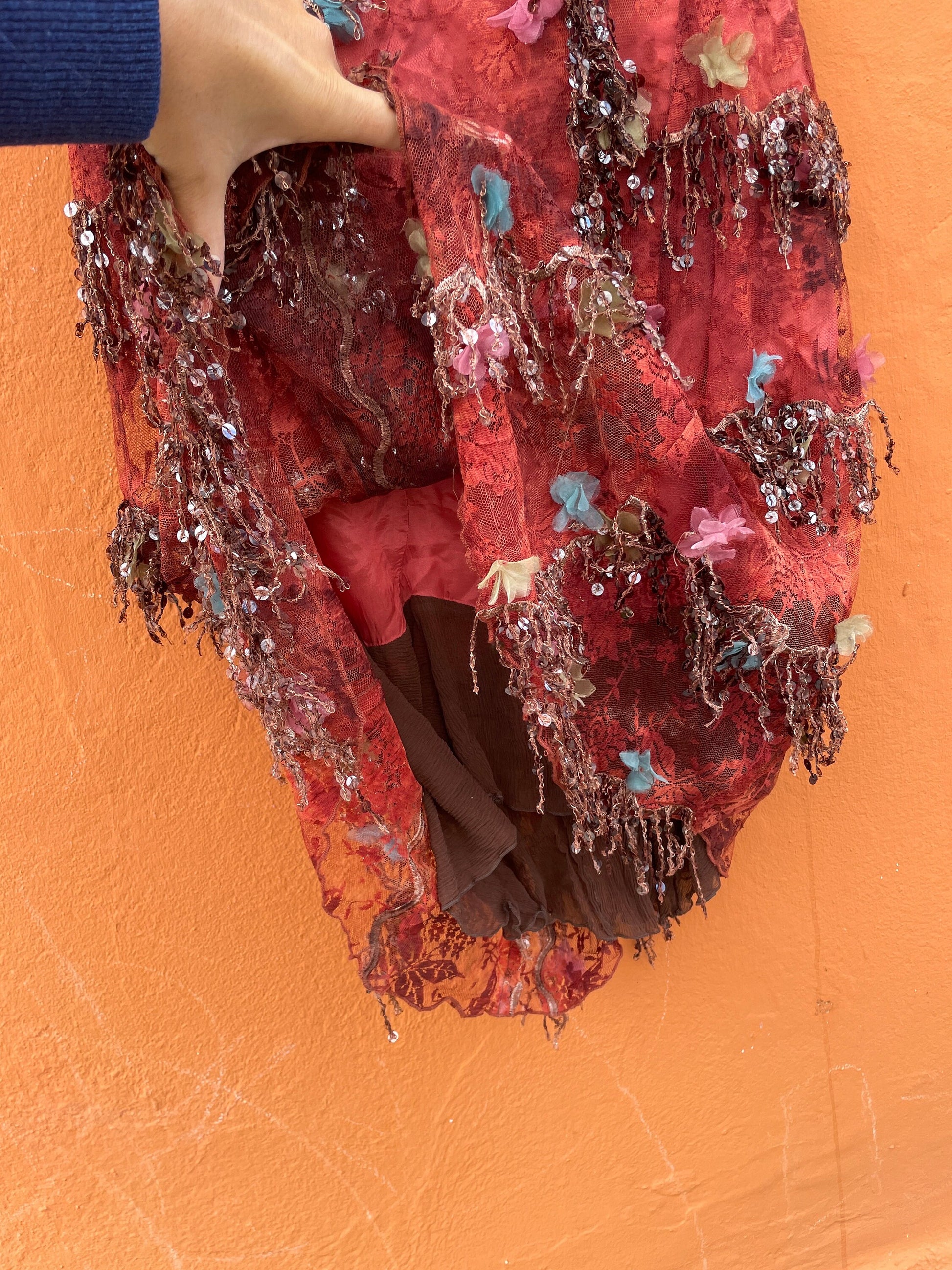 Vintage Charo Azcona Wine Red High-Waist Skirt with Lace and Sequin Embellishments, Formal event Spanish designer skirt