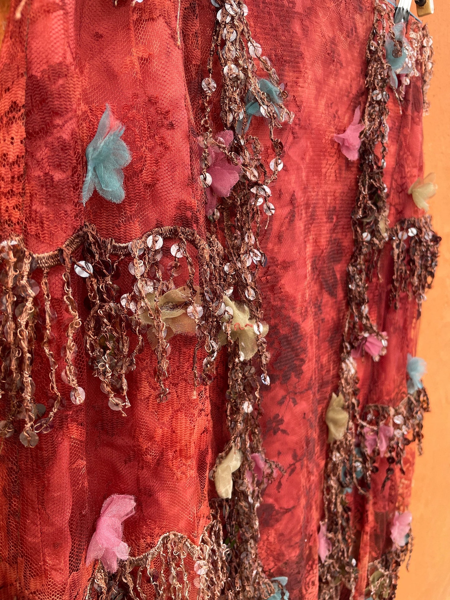 Vintage Charo Azcona Wine Red High-Waist Skirt with Lace and Sequin Embellishments, Formal event Spanish designer skirt