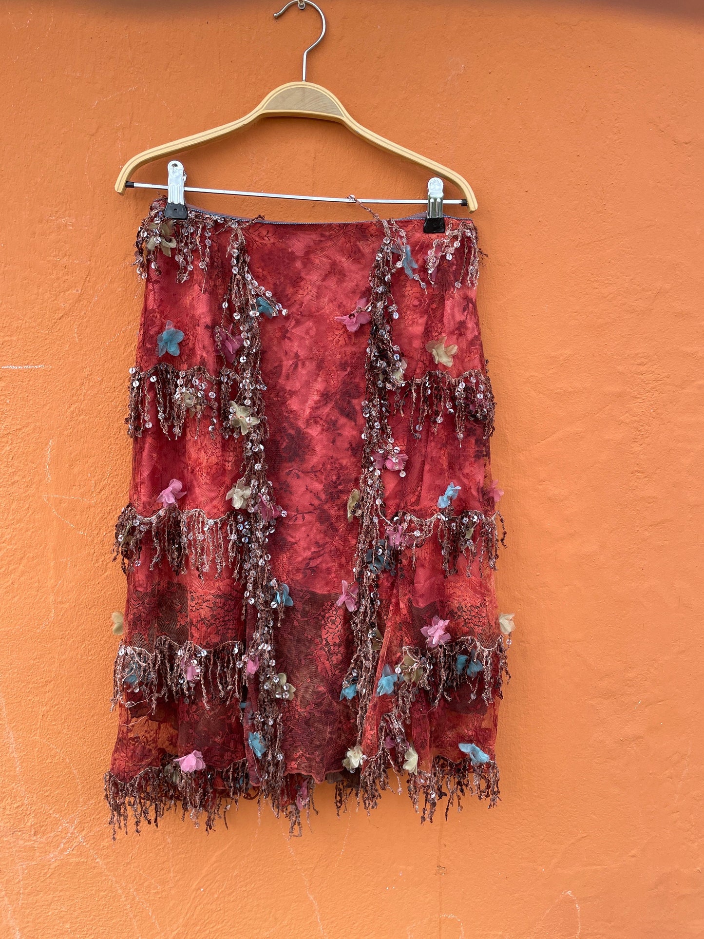 Vintage Charo Azcona Wine Red High-Waist Skirt with Lace and Sequin Embellishments, Formal event Spanish designer skirt