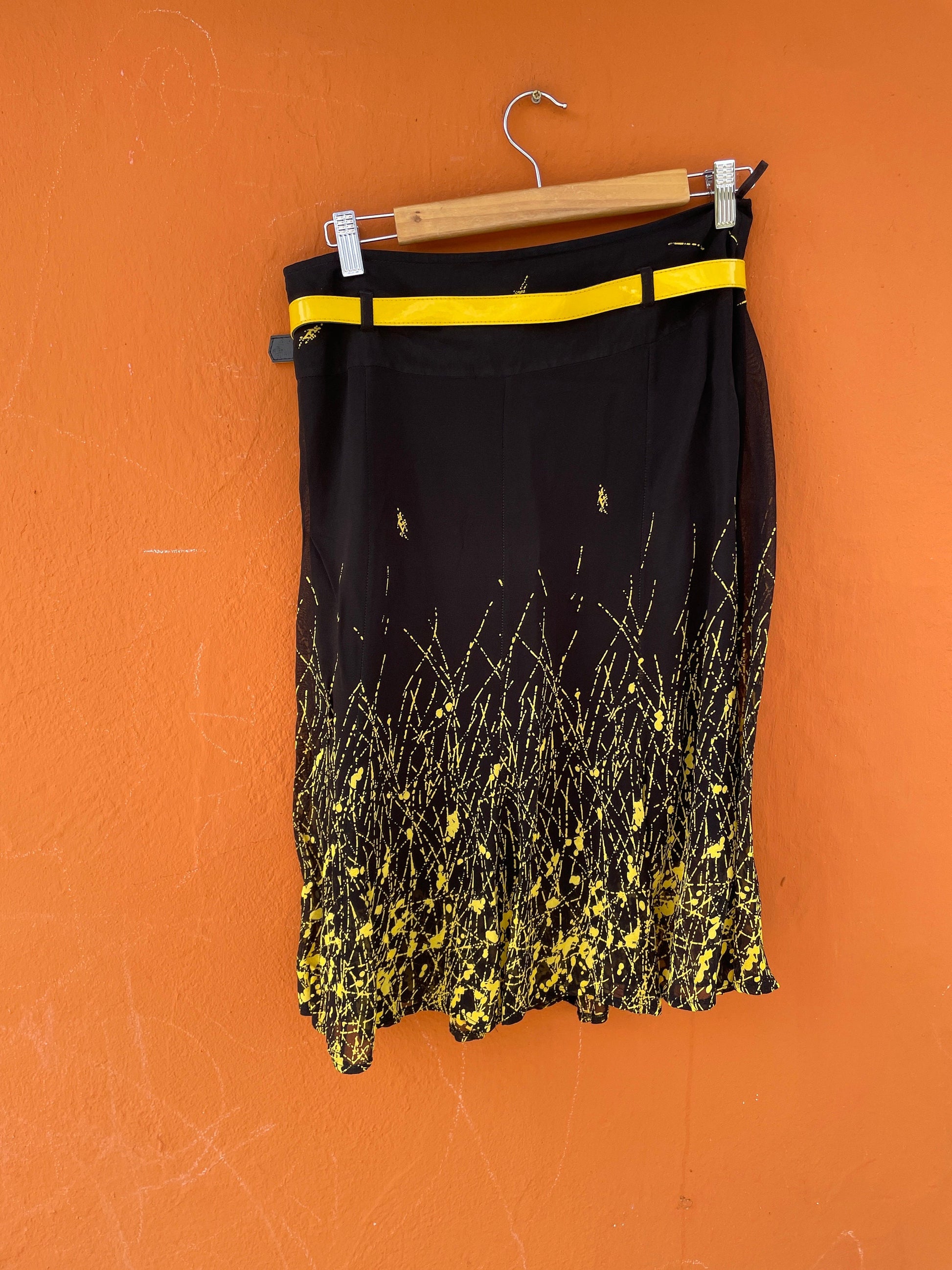 Vintage Black Skirt with Abstract Yellow Splash and Belt - Summer Chic