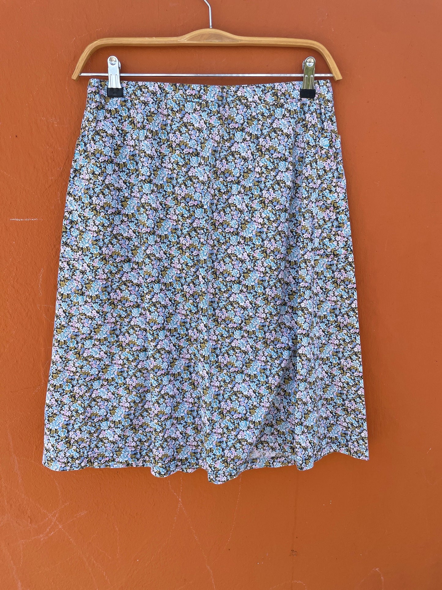 Handmade Blue Floral Vintage Skirt with Pockets