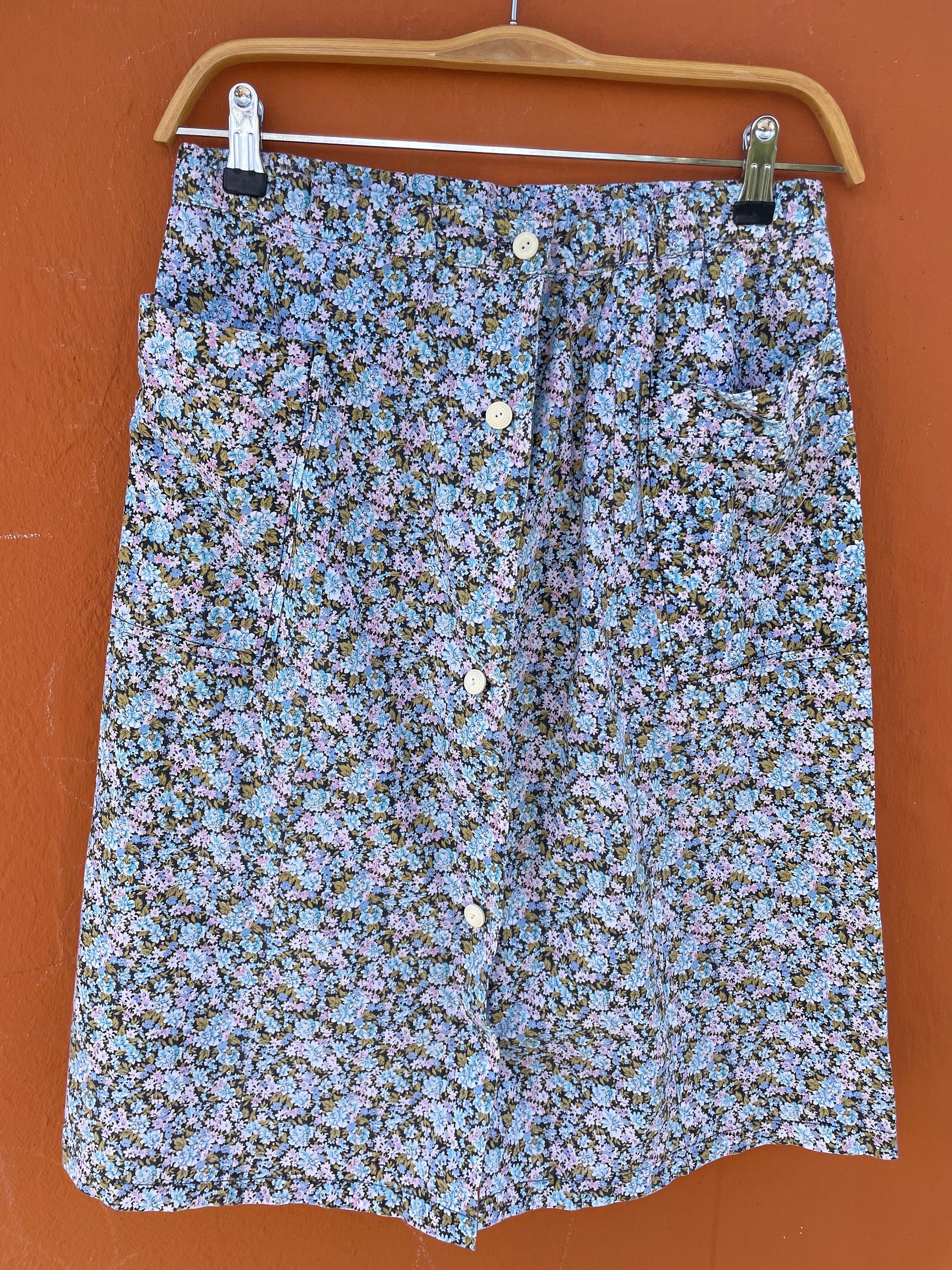 Handmade Blue Floral Vintage Skirt with Pockets