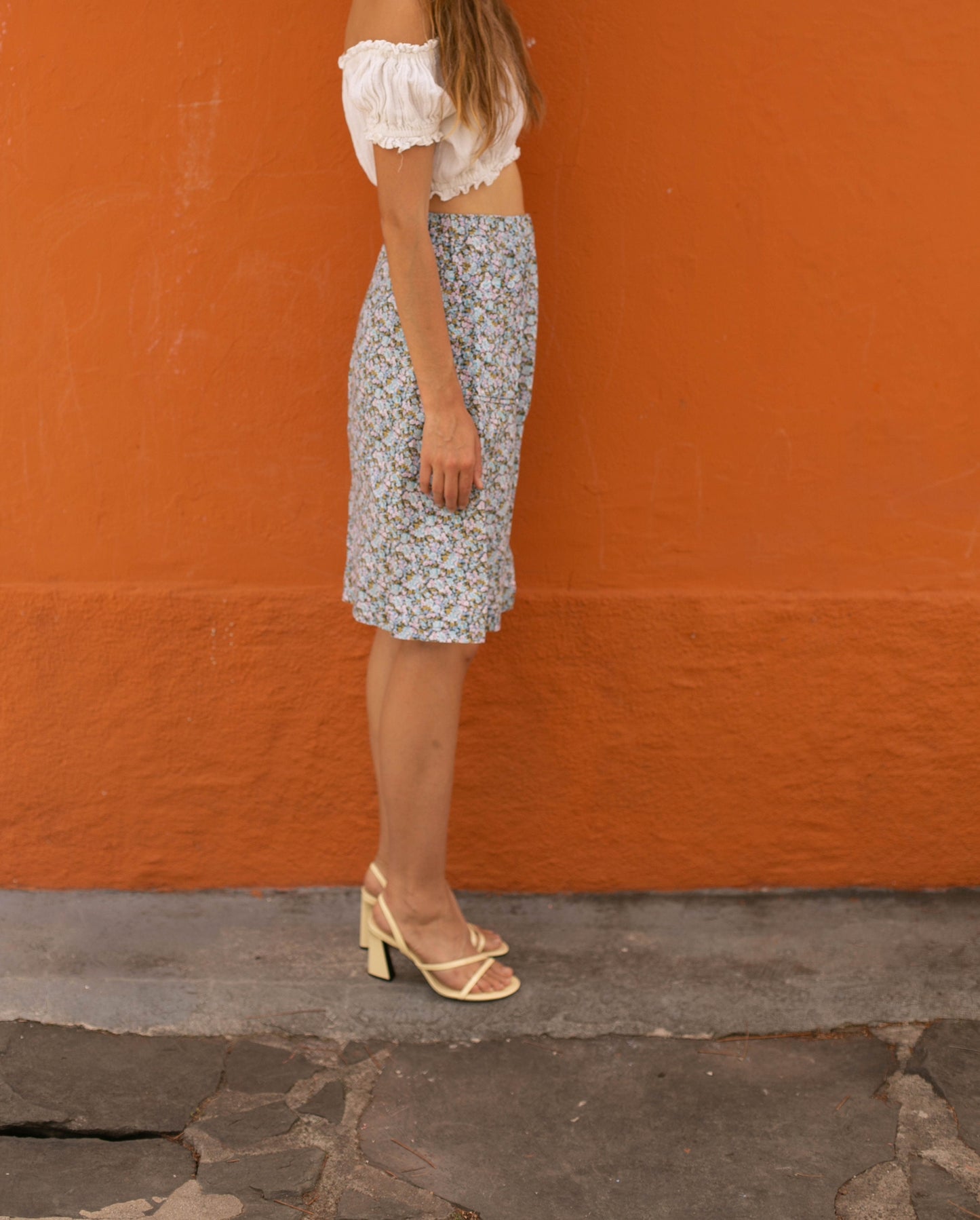 Handmade Blue Floral Vintage Skirt with Pockets