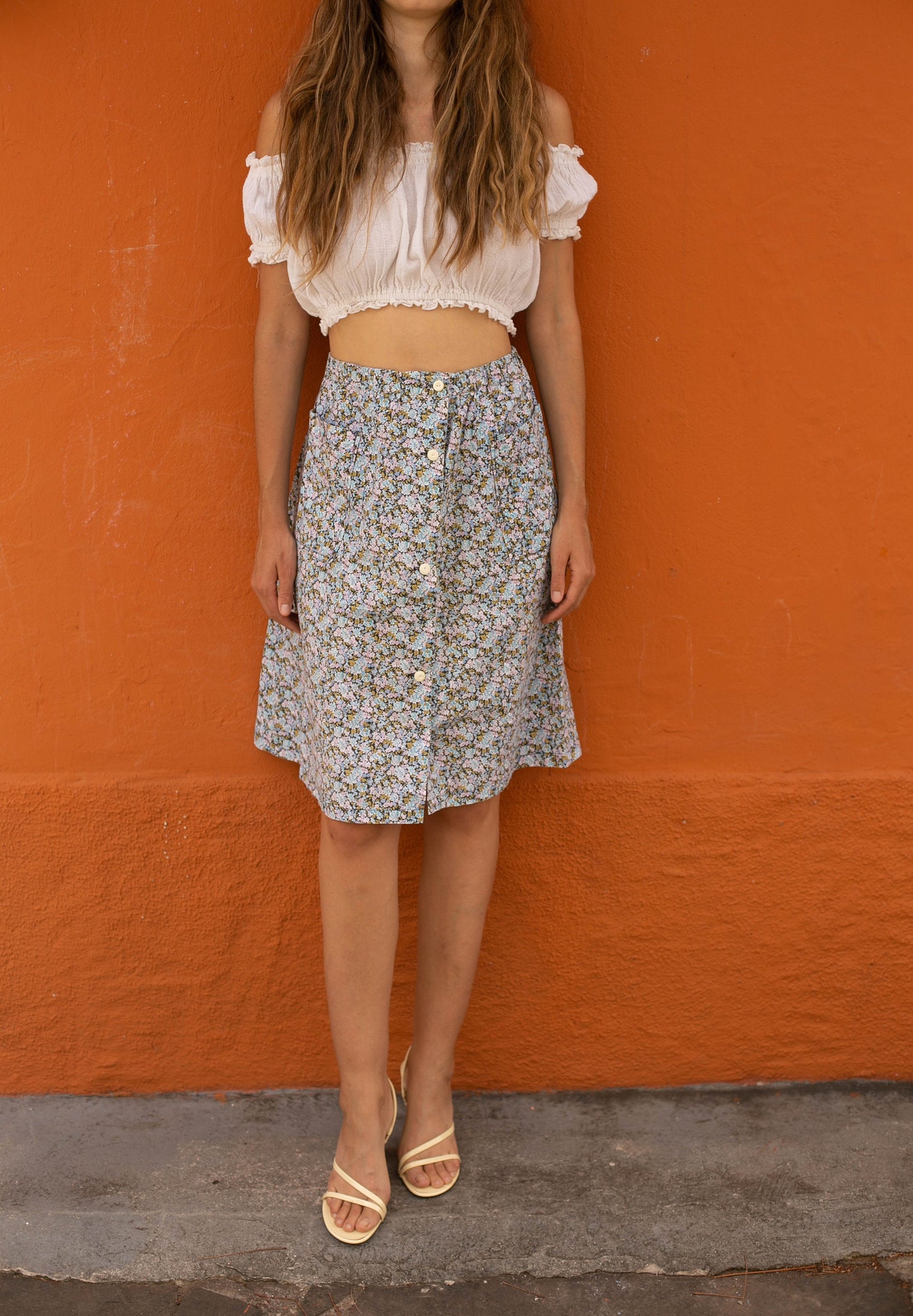 Handmade Blue Floral Vintage Skirt with Pockets