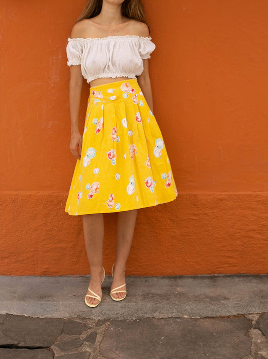 Sunny Delight Pleated Skirt with Quirky Fruit Print - Vintage High-Waisted Skirt with Pockets