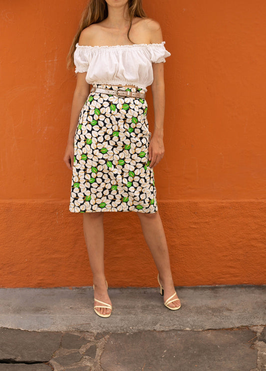 Chic Vintage Blue Pencil Skirt with White & Green Leaf Pattern, XL