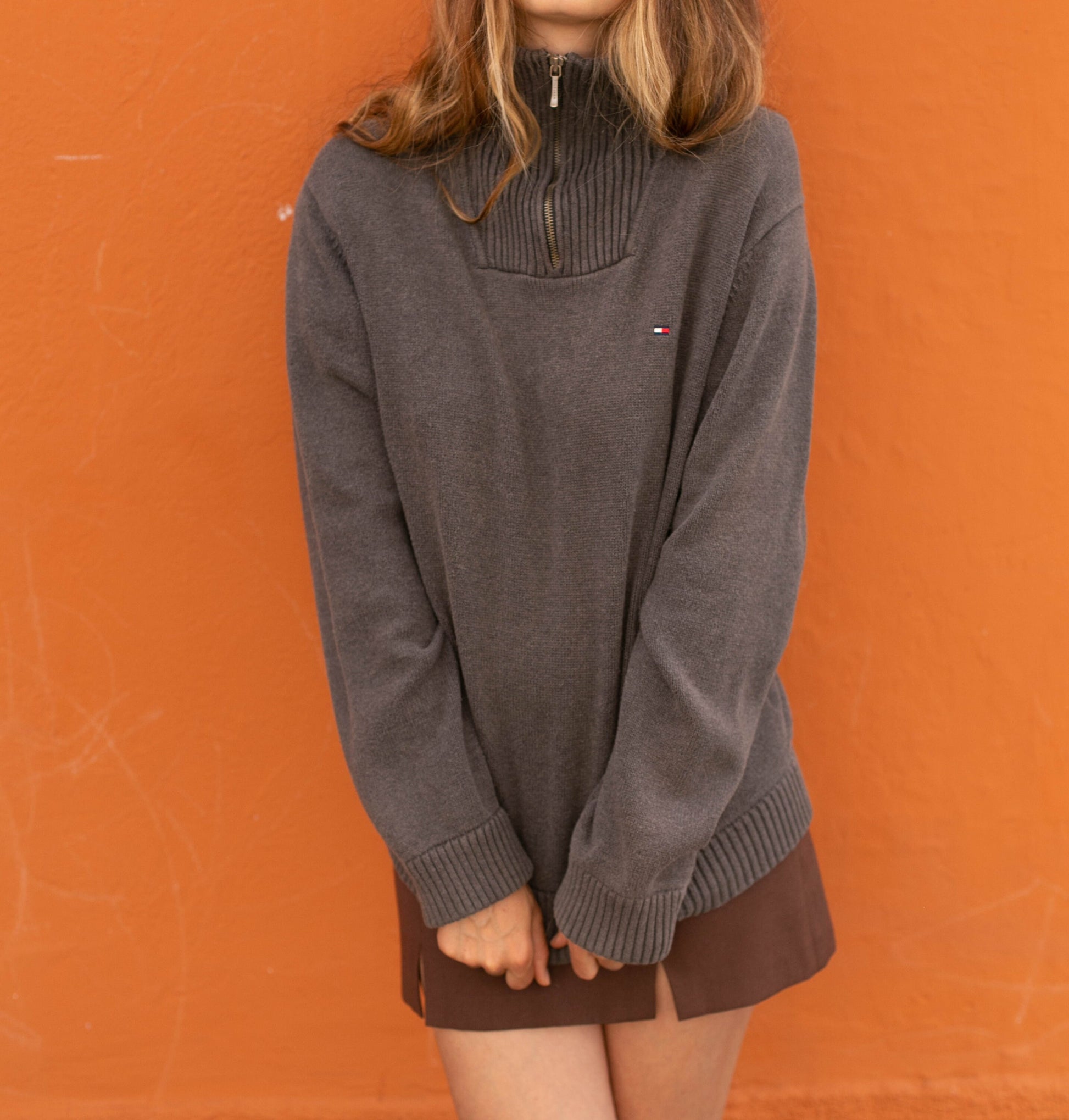 Tommy Hilfiger Quarter-Zip Sweater | Y2K Prep Brown Pullover | Unisex Vintage Logo Knit | XL Oversized Fit