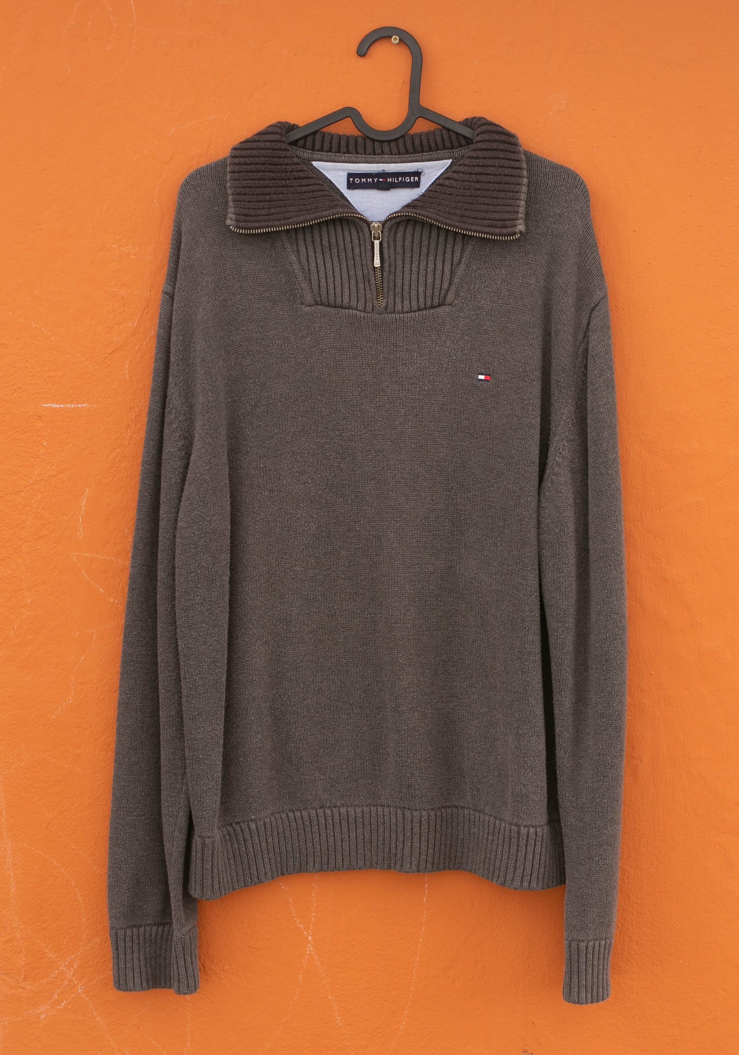 Tommy Hilfiger Quarter-Zip Sweater | Y2K Prep Brown Pullover | Unisex Vintage Logo Knit | XL Oversized Fit