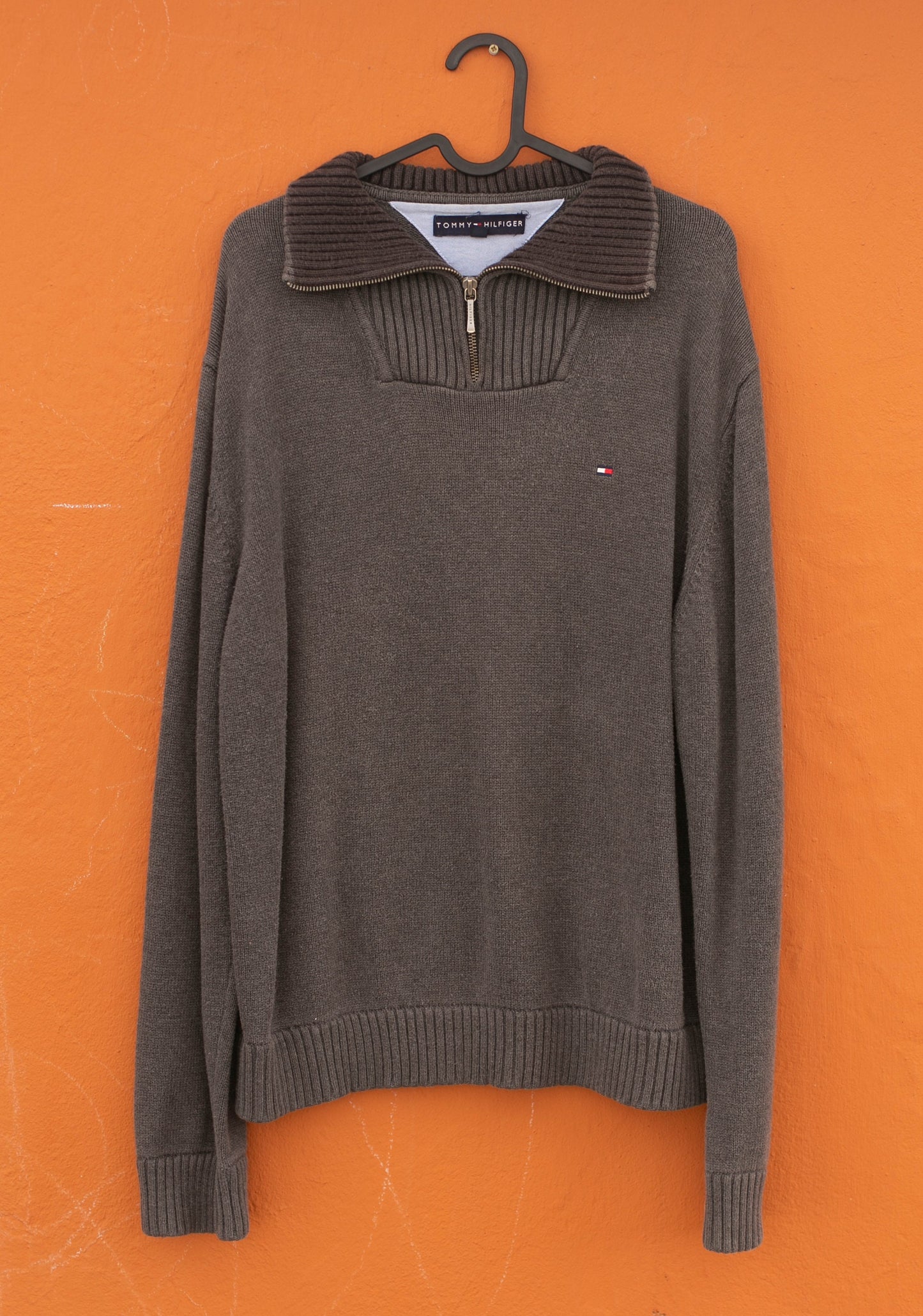 Tommy Hilfiger Quarter-Zip Sweater | Y2K Prep Brown Pullover | Unisex Vintage Logo Knit | XL Oversized Fit