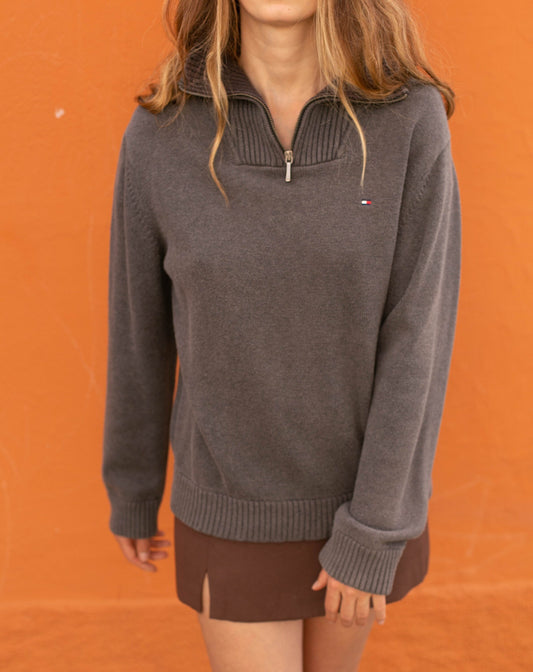 Vintage Grey Tommy Hilfiger Sweater - Trendy Zipper Closure, Cotton Wardrobe Staple, Retro Chic Fashion