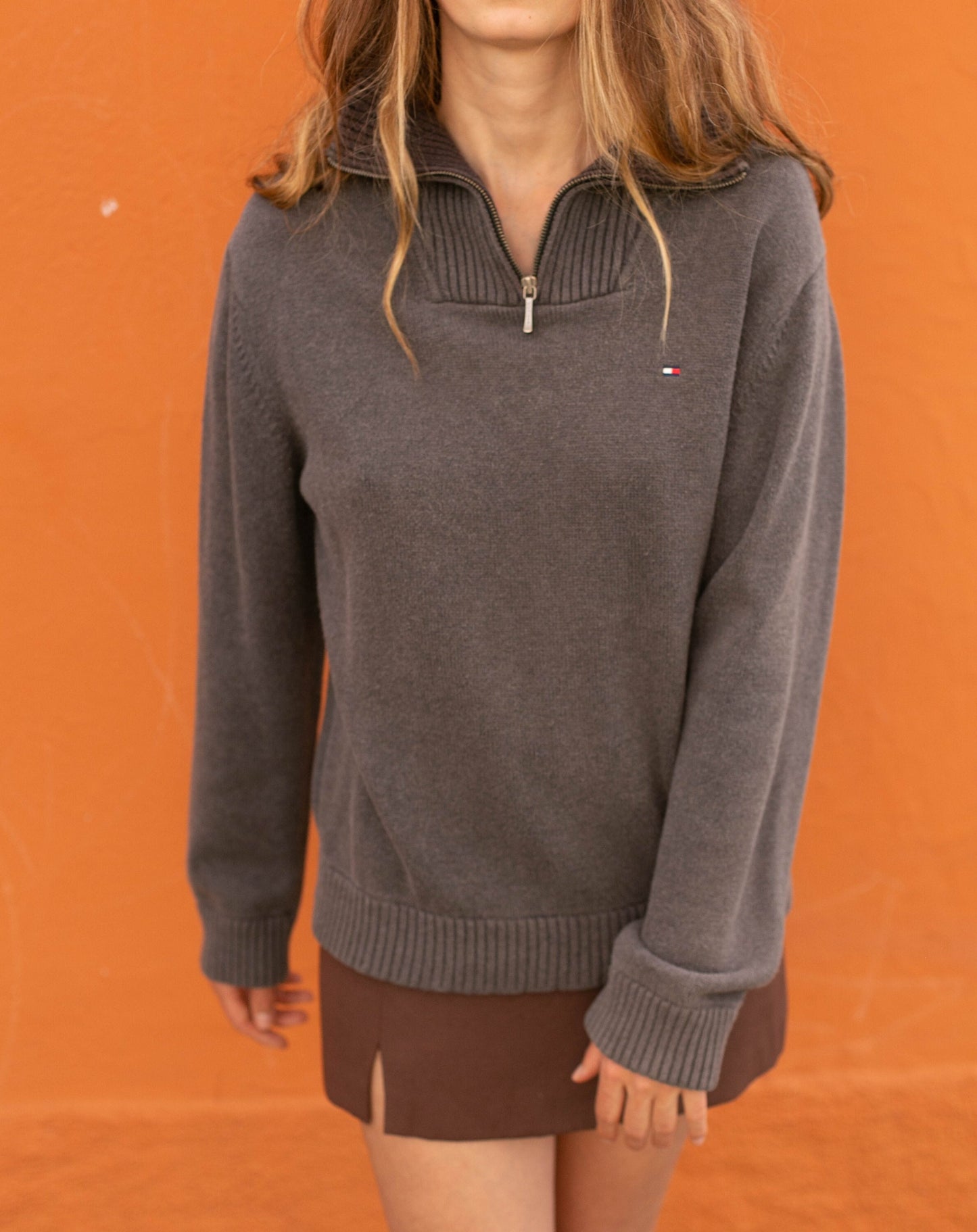 Tommy Hilfiger Quarter-Zip Sweater | Y2K Prep Brown Pullover | Unisex Vintage Logo Knit | XL Oversized Fit