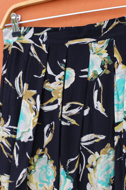 Vintage Black Floral Midi Skirt with Blue Pleats