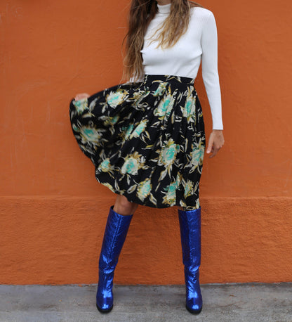 Vintage Black Floral Midi Skirt with Blue Pleats