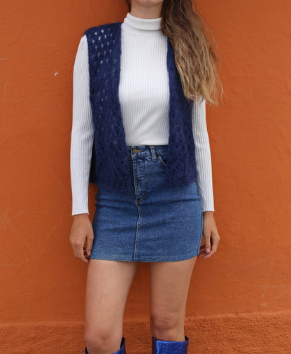 Navy Blue Handknit Crochet Bolero Vest — fabric close-up