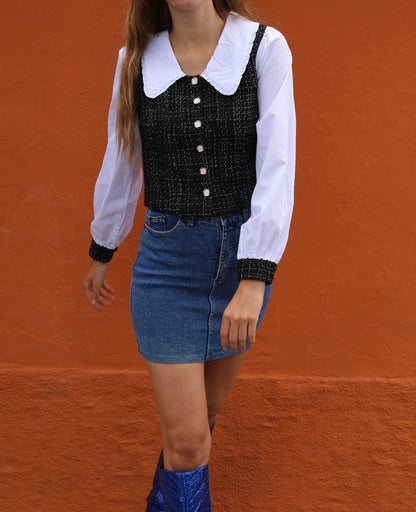 Chic Vintage Black & White Puff Sleeve Top — additional view 5