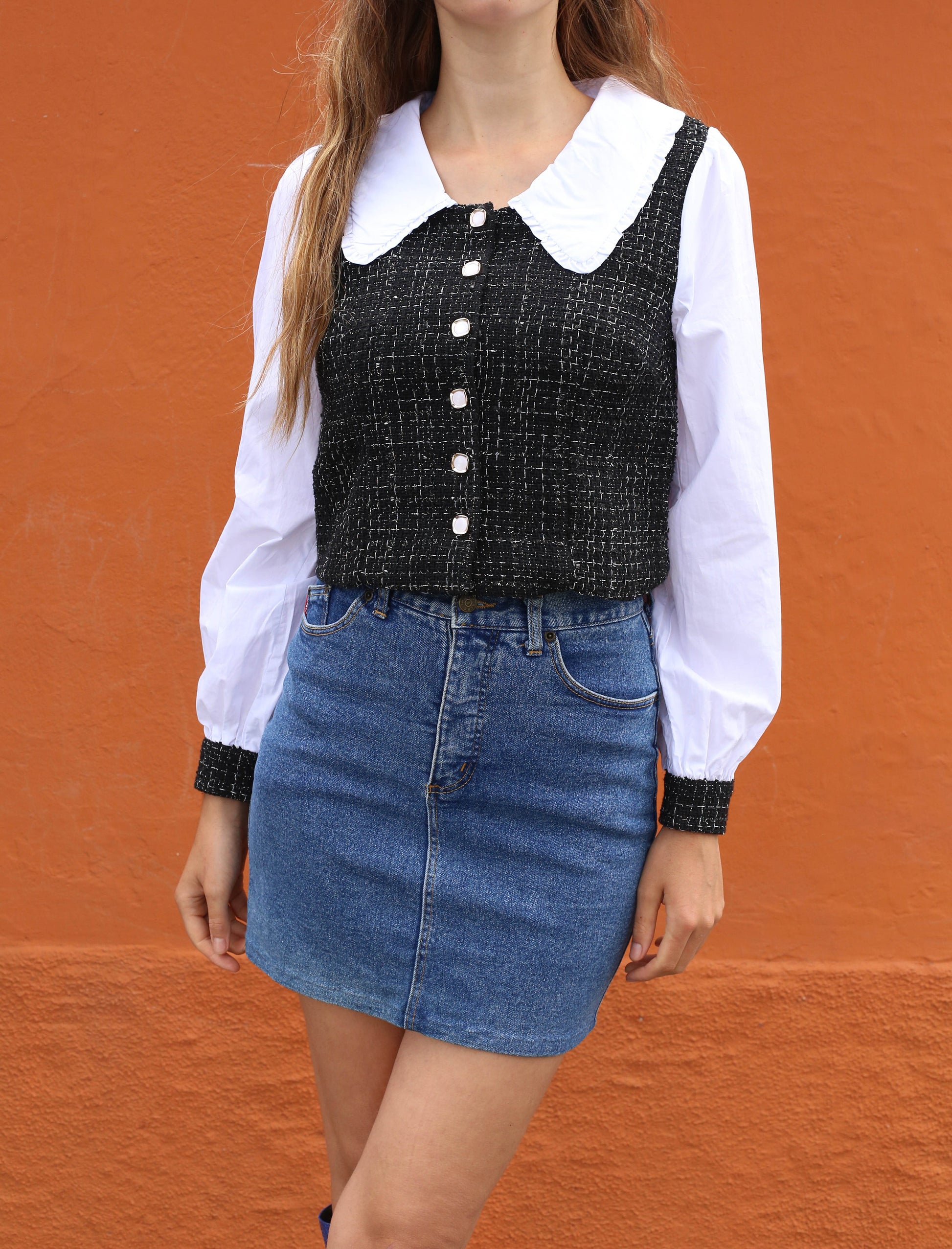 Vintage-Inspired Black & White Top, Perfect for Chic Layering, Vintage puff sleeve top
