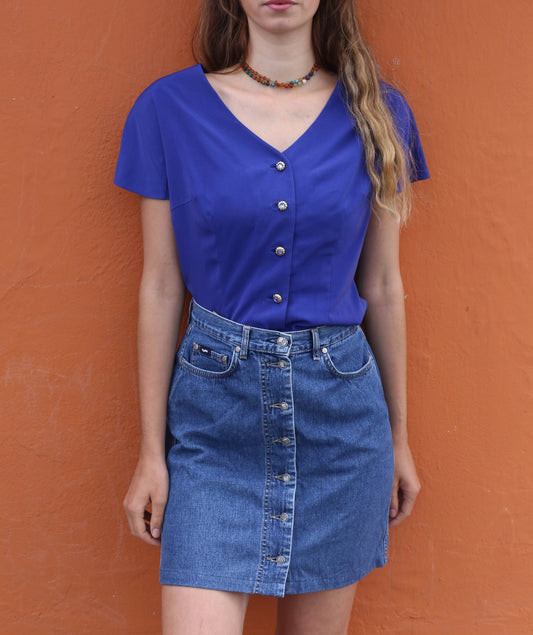 Vintage 80s Blue Satin Blouse with Removable Padded Shoulders, Silky Button Front Top, Retro Women's Shirt