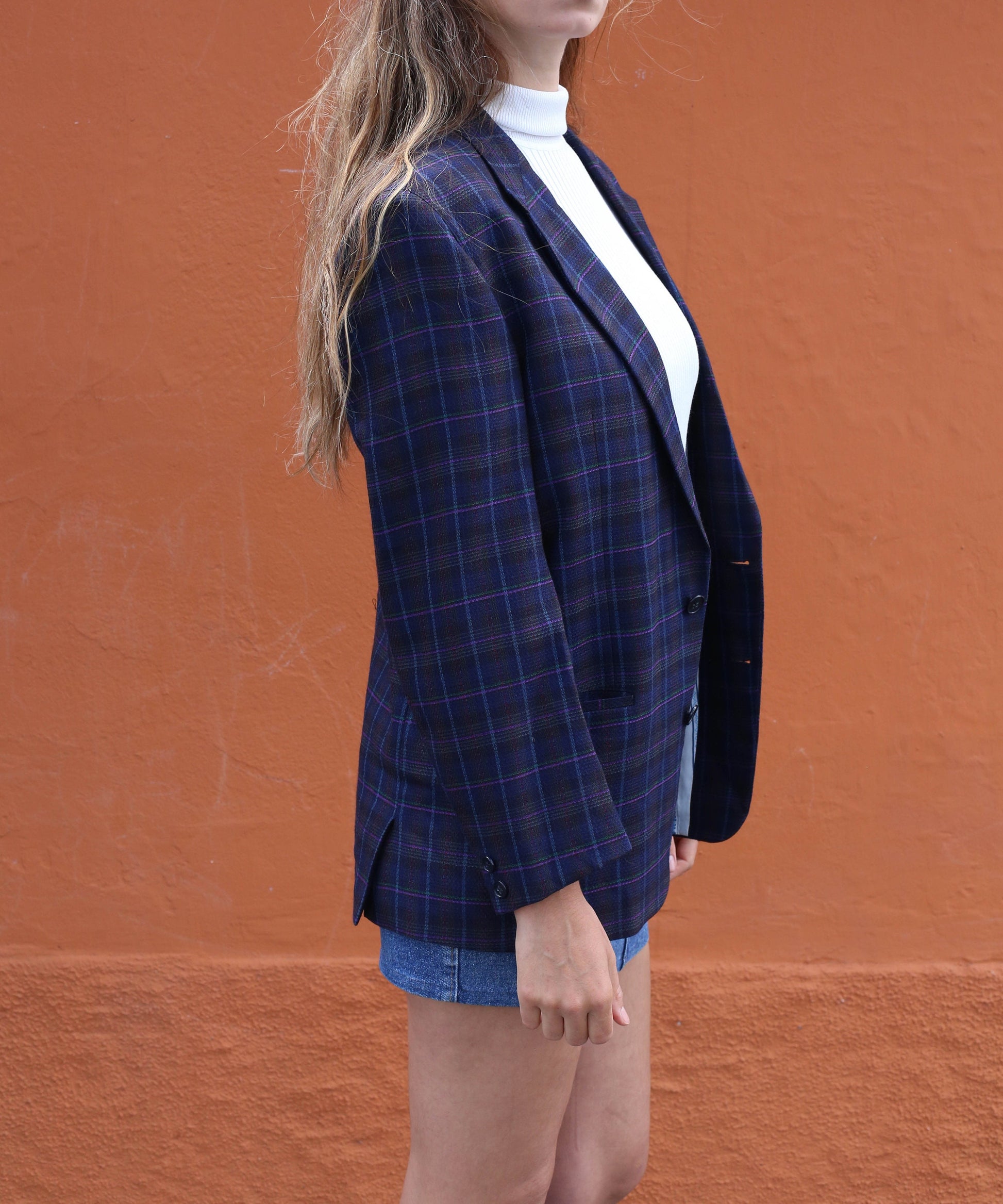 Vintage Dark Blue Plaid Wool Blazer — additional view 5