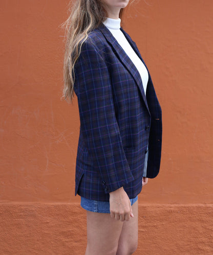 Vintage Dark Blue Plaid Wool Blazer — additional view 5