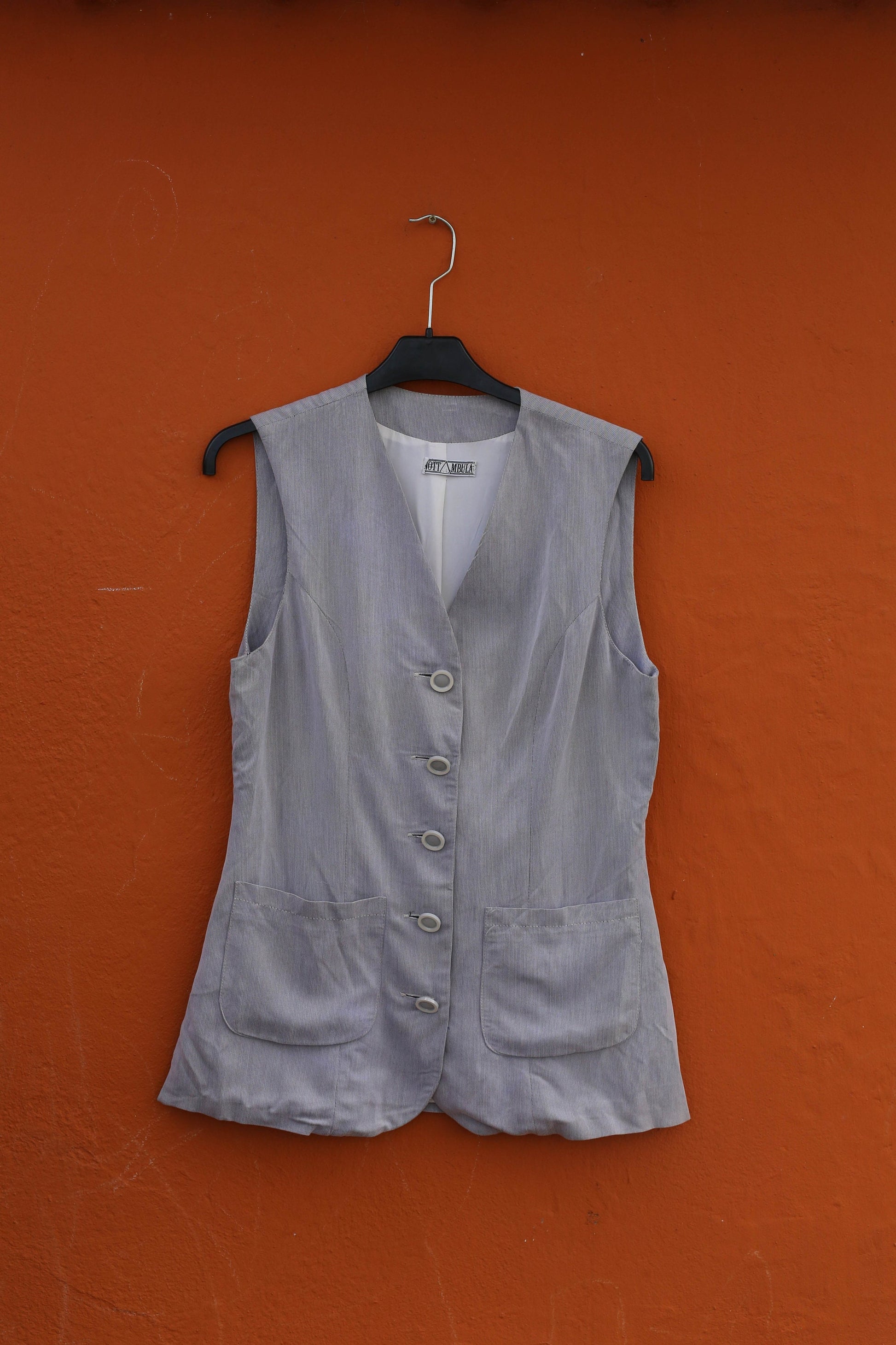 Grey long women gilet, Sleeveless jacket, Vintage 80s waistcoat, Retro light academia clothing