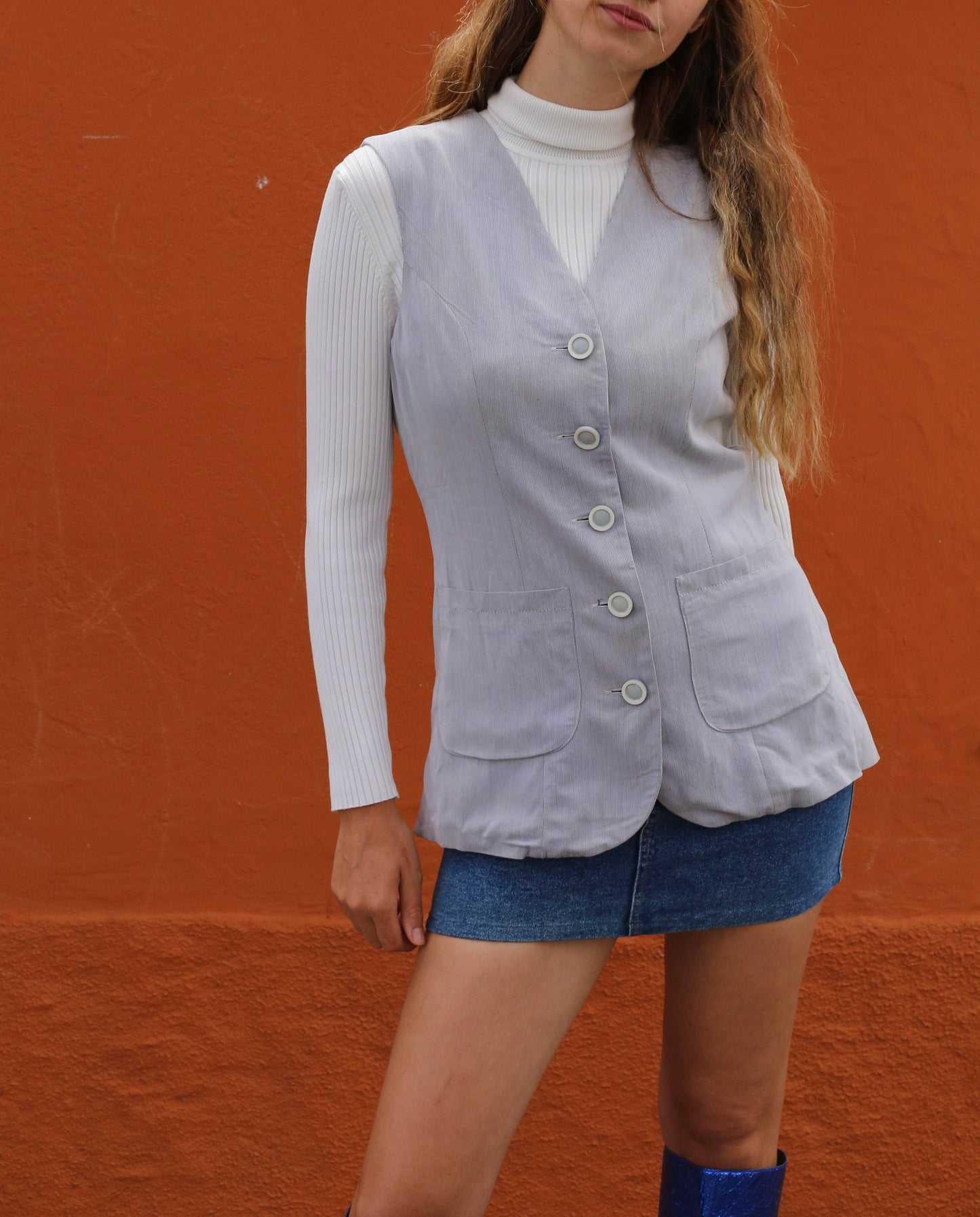 Grey long women gilet, Sleeveless jacket, Vintage 80s waistcoat, Retro light academia clothing