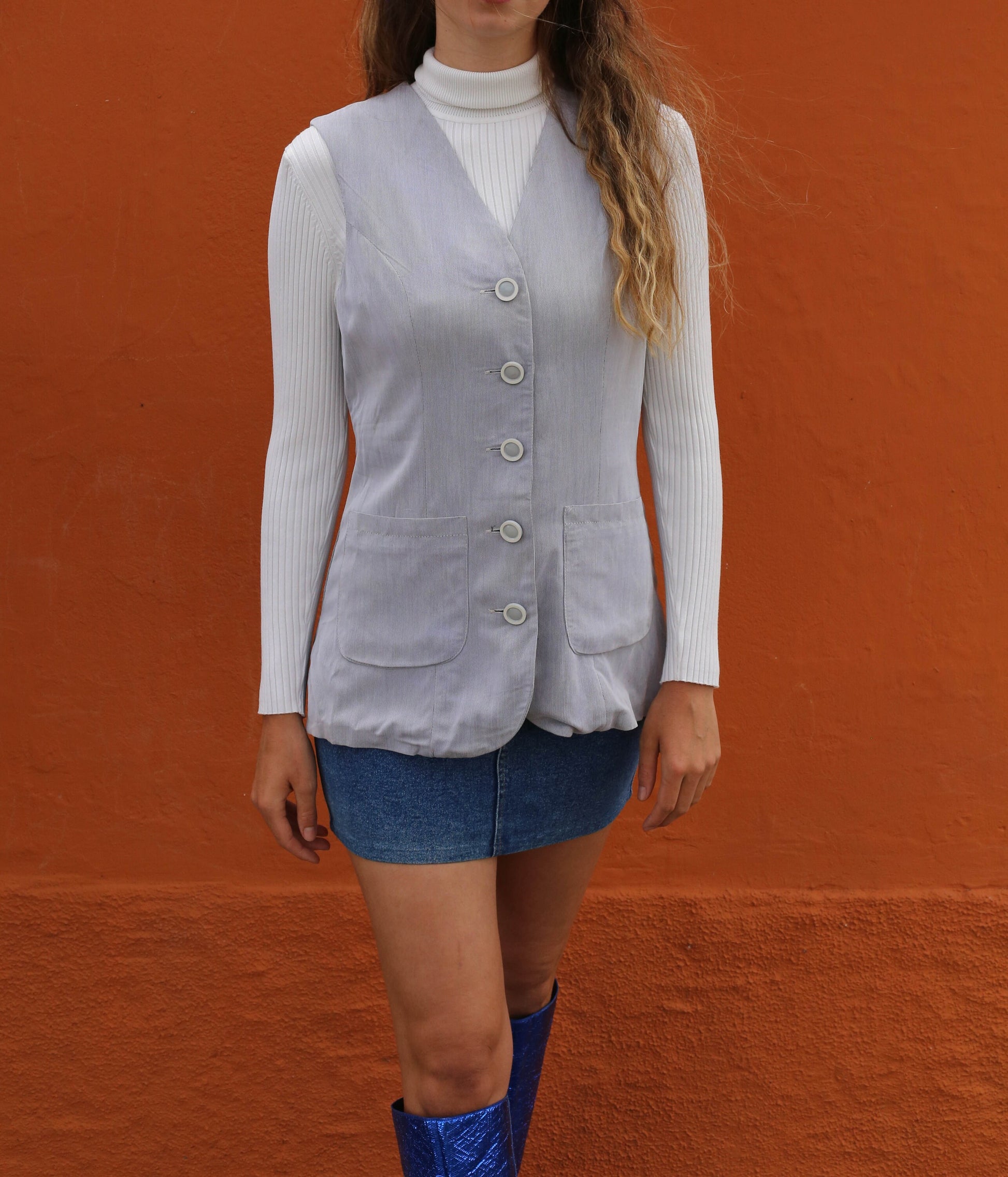 Grey long women gilet, Sleeveless jacket, Vintage 80s waistcoat, Retro light academia clothing