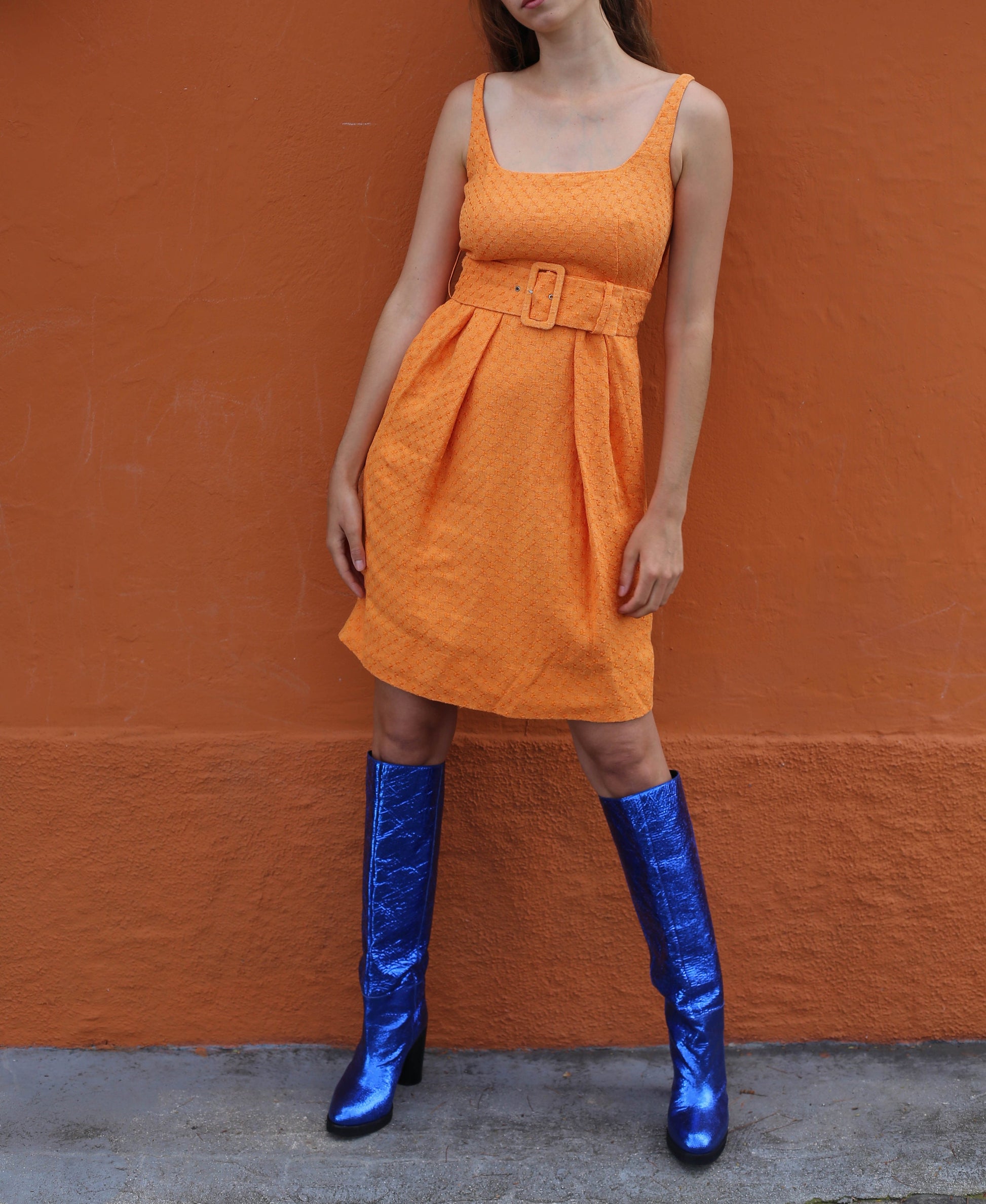 Adolfo Dominguez Orange Summer Dress, Vintage designer cocktail dress, Textured statement dress with Belt, 80s Vintage Charm