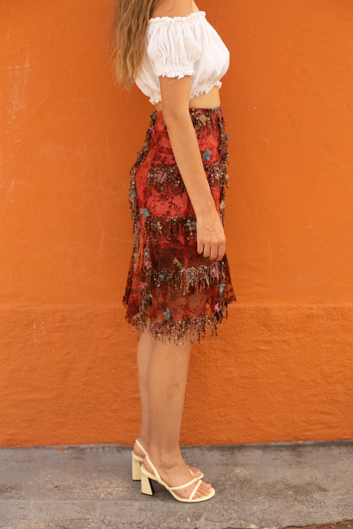 Vintage Charo Azcona Wine Red High-Waist Skirt with Lace and Sequin Embellishments, Formal event Spanish designer skirt