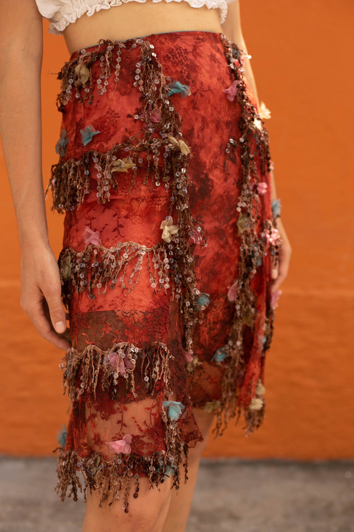 Vintage Charo Azcona Wine Red High-Waist Skirt with Lace and Sequin Embellishments, Formal event Spanish designer skirt