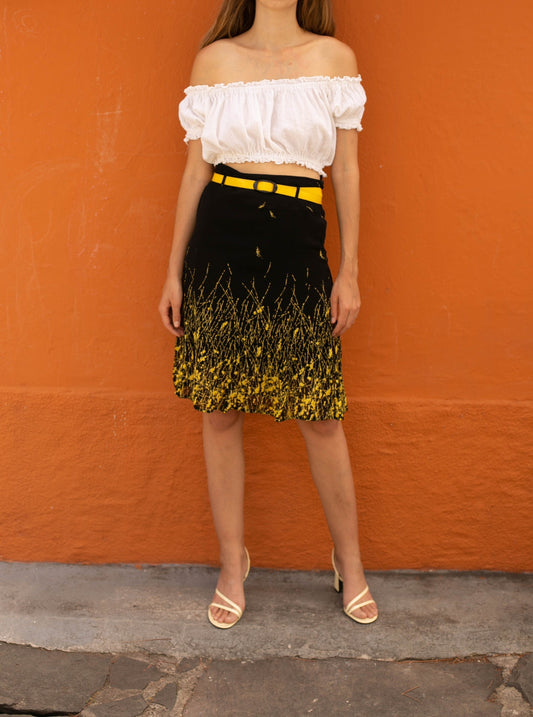 Vintage Black Skirt with Abstract Yellow Splash and Belt - Summer Chic