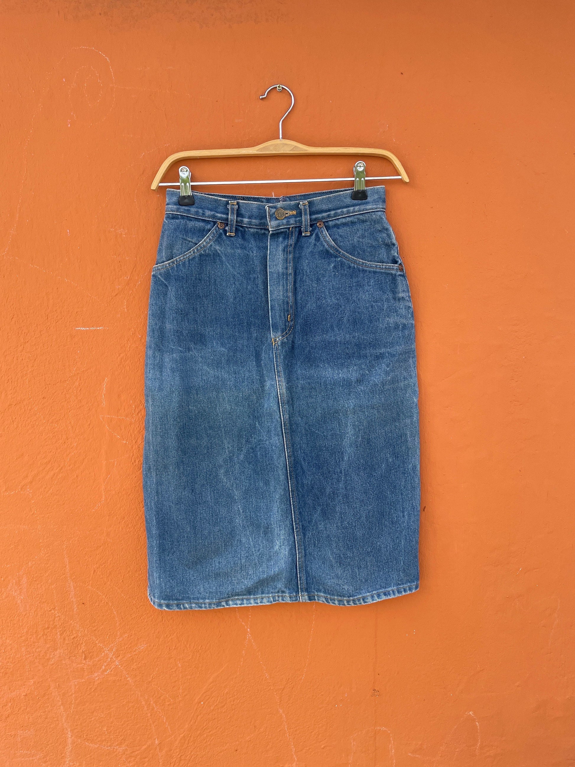 Vintage High Waist Denim Skirt by Rifle, Classic Blue Jean Skirt, 80s 90s Fashion, Size Small