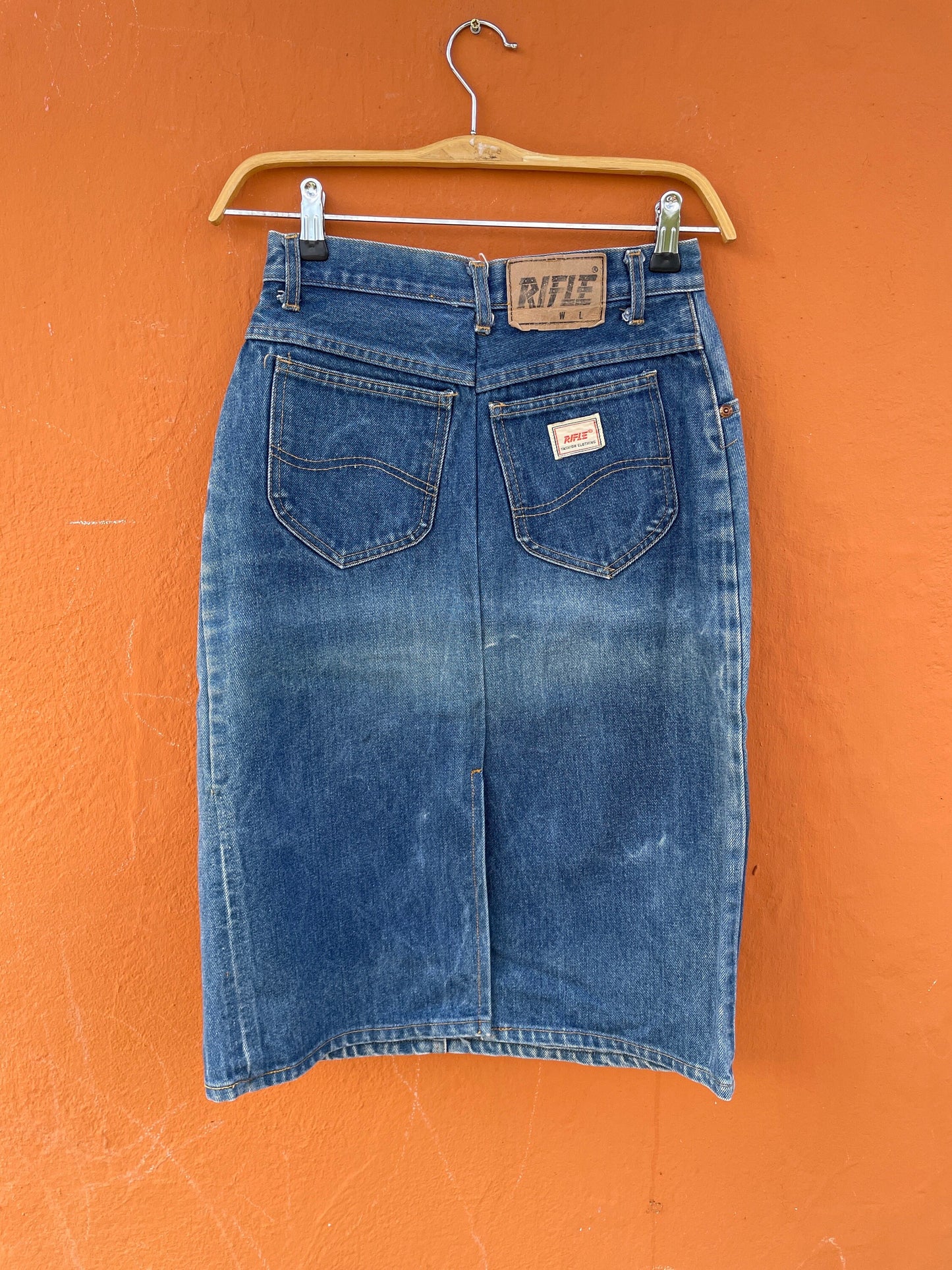 Vintage High Waist Denim Skirt by Rifle, Classic Blue Jean Skirt, 80s 90s Fashion, Size Small