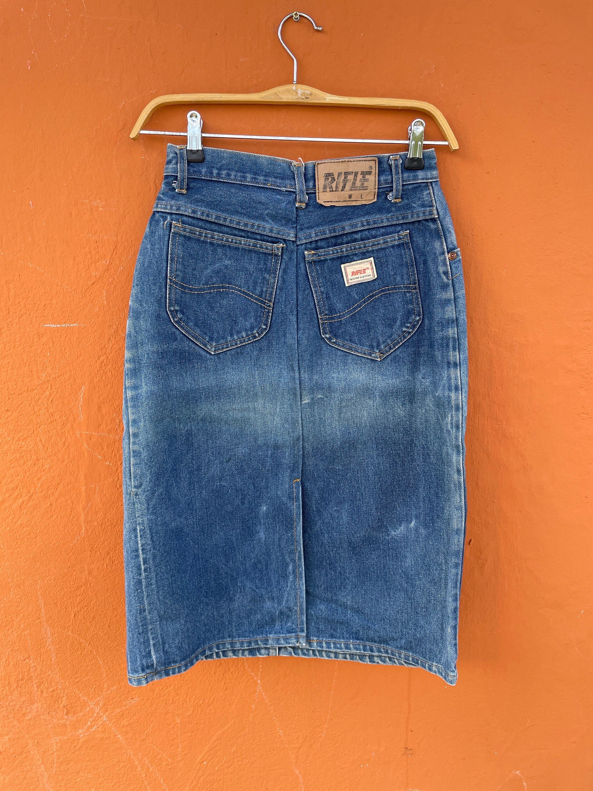 Vintage High Waist Denim Skirt by Rifle, Classic Blue Jean Skirt, 80s 90s Fashion, Size Small