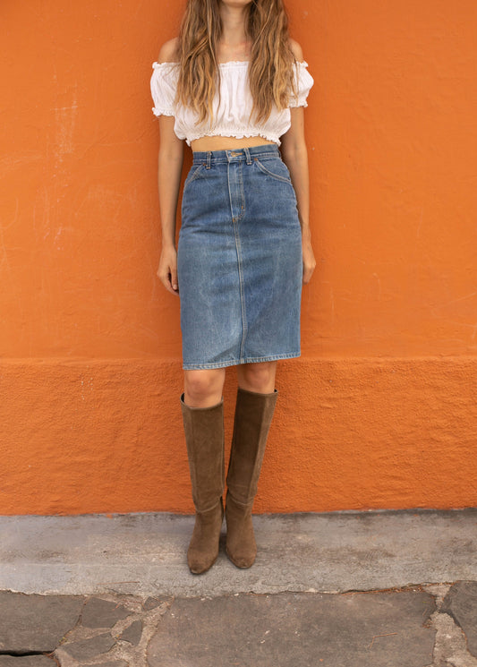 Vintage High Waist Denim Skirt by Rifle, Classic Blue Jean Skirt, 80s 90s Fashion, Size Small