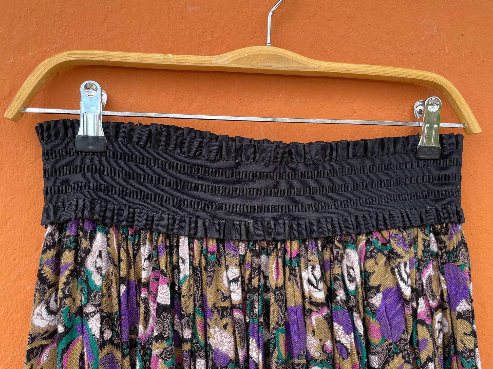 Vintage Boho Floral Skirt with Black High Waistband