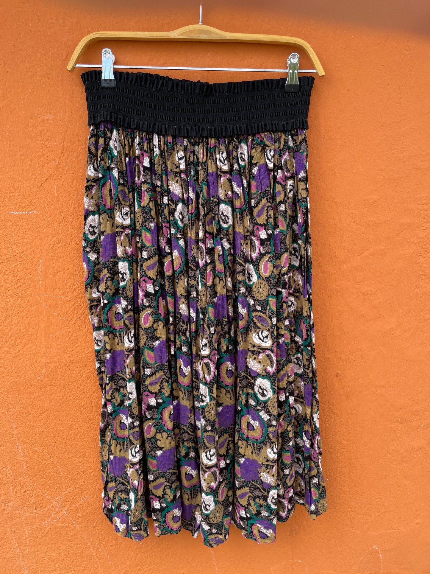 Vintage Boho Floral Skirt with Black High Waistband